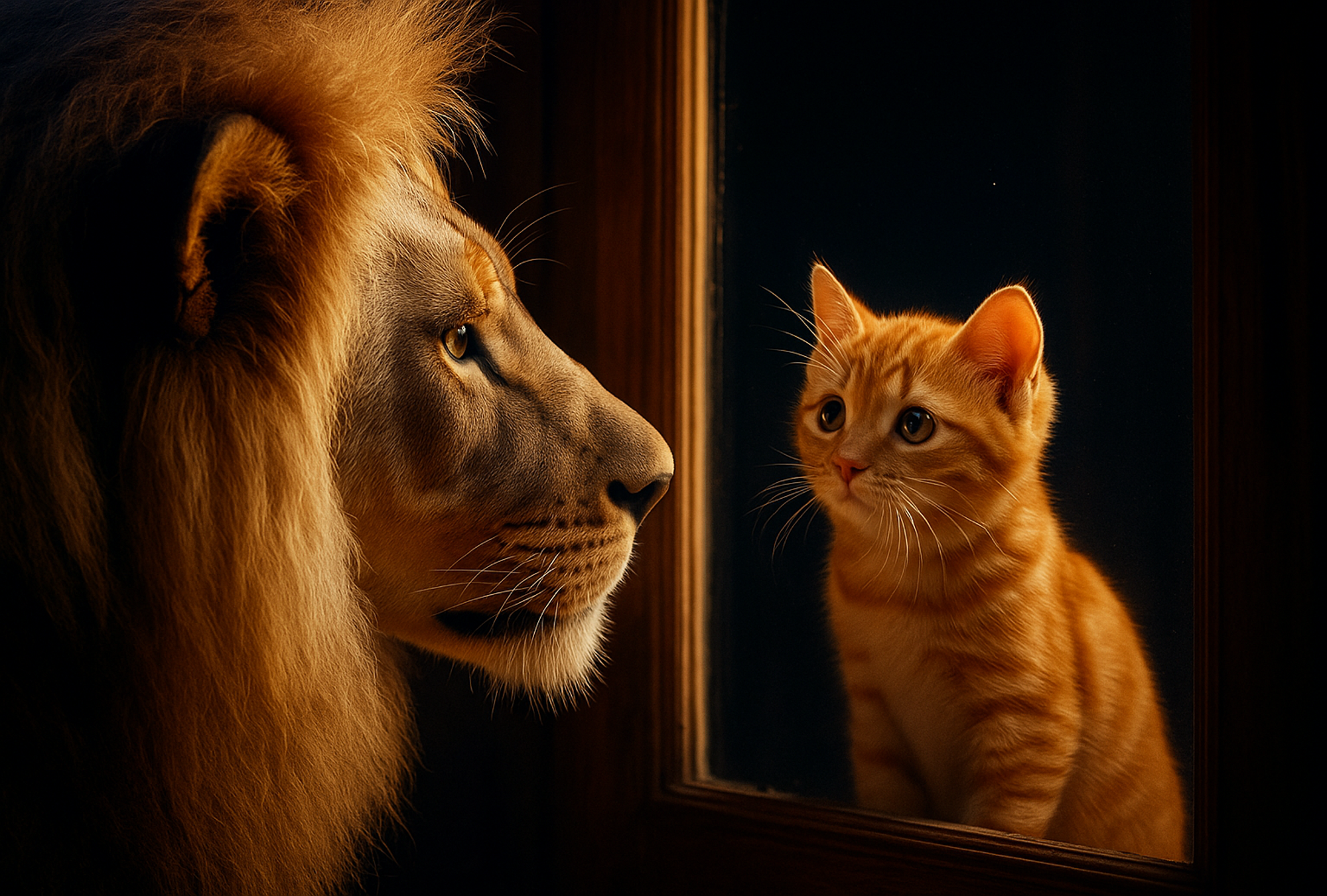 Lion and kitten facing each other through a window frame, symbolizing inner strength and humility