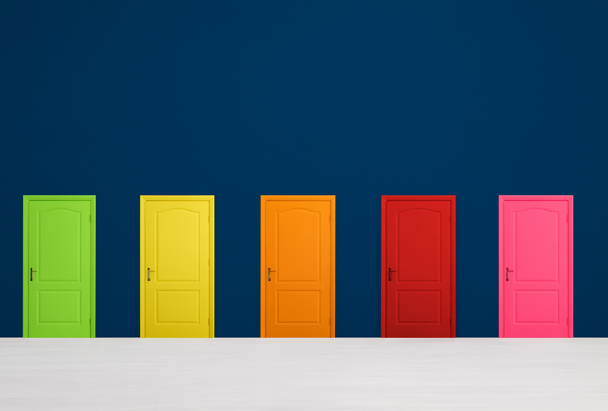 Five colorful doors in a row against a dark blue wall, symbolizing the paradox of choice and the stress of too many options.
