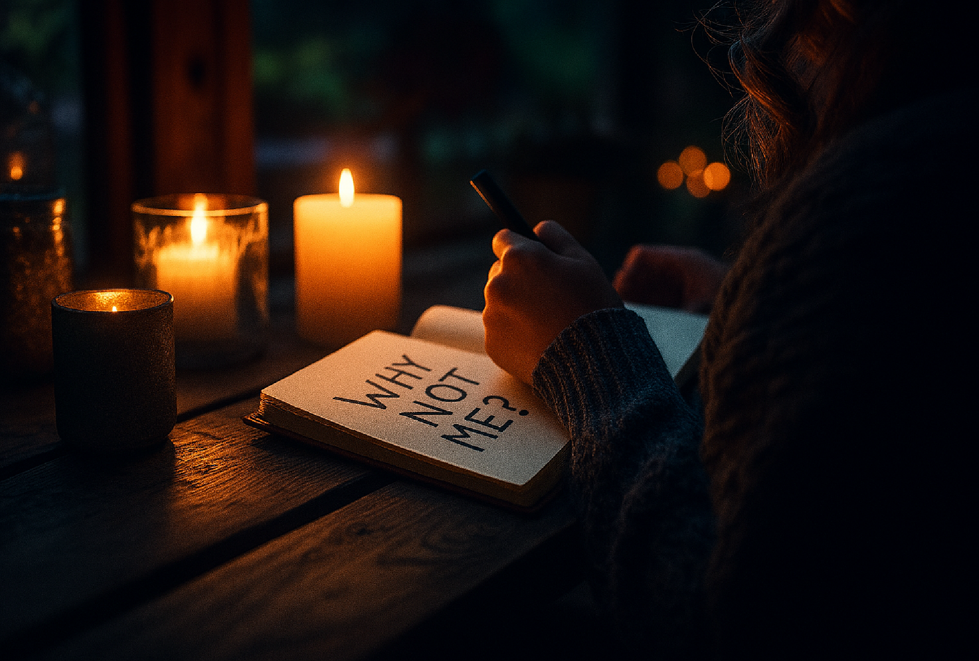 A person journaling by candlelight, reflecting quietly in a cozy setting with the phrase "Why Not Me?" written boldly in an open notebook.