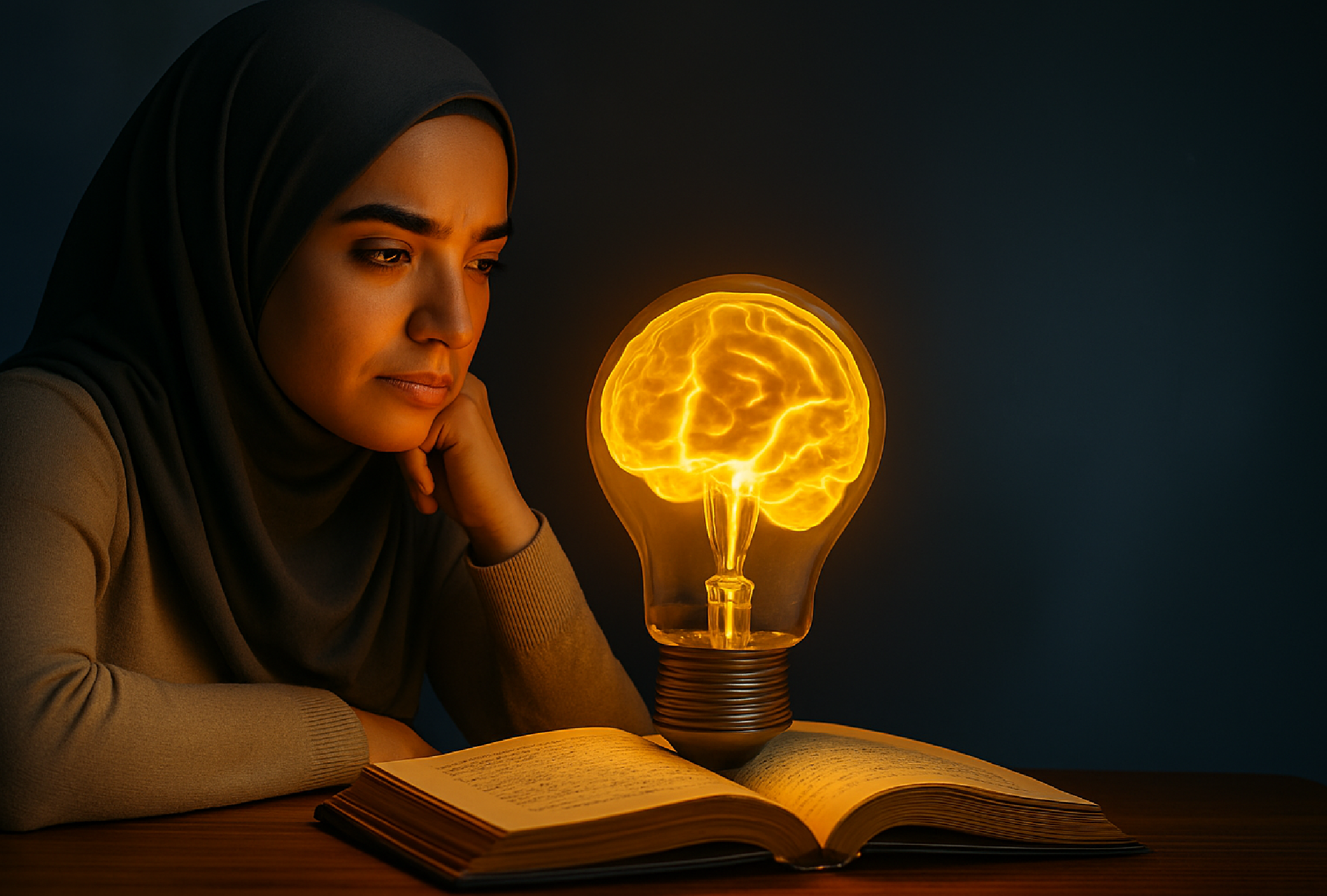 A Muslim woman in a hijab reflects over an open book, with a glowing brain-shaped light inside a bulb symbolising the connection between psychology and Islamic wisdom.