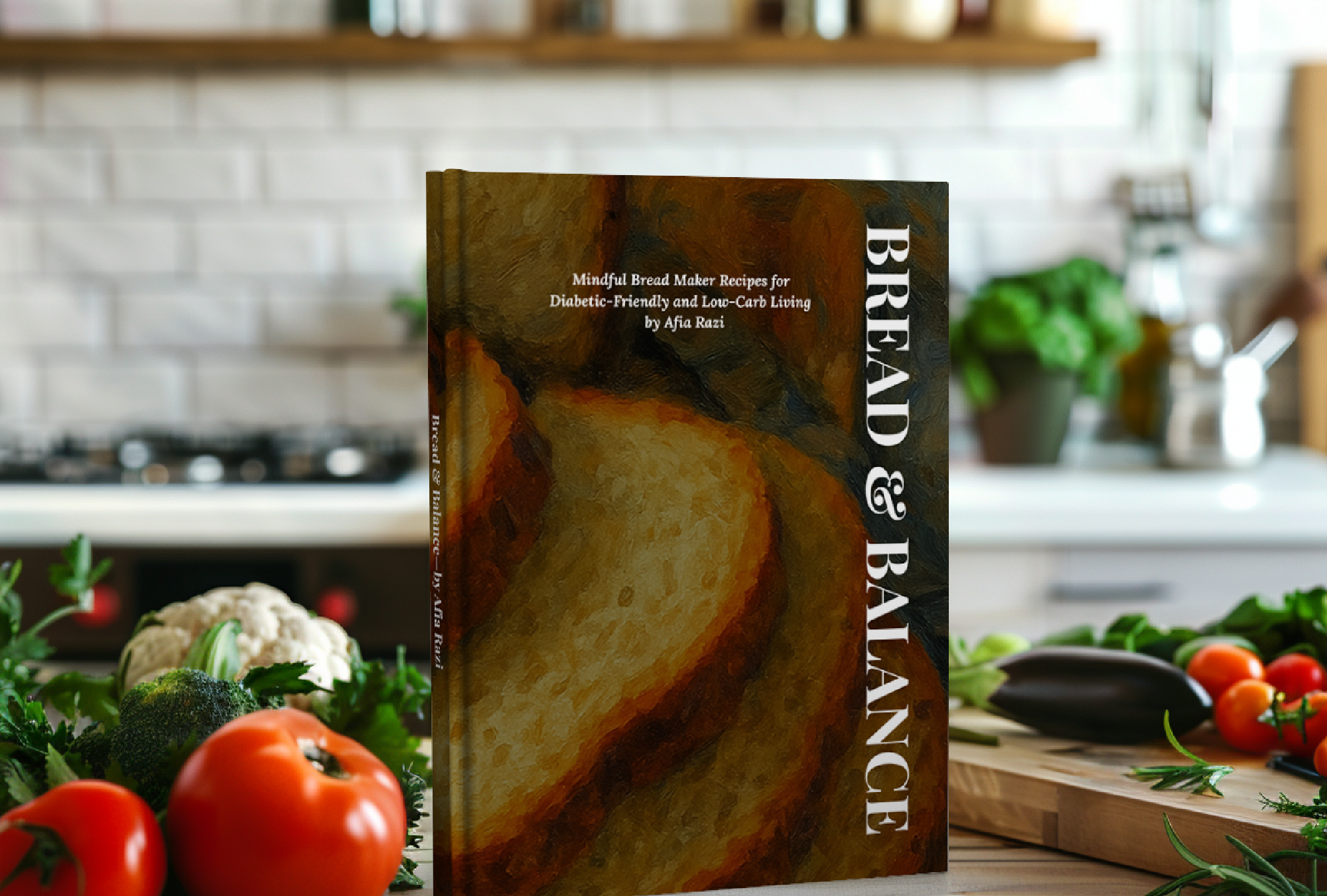 Bread & Balance cookbook standing on a kitchen counter surrounded by fresh vegetables, representing mindful homemade diabetic-friendly bread recipes.