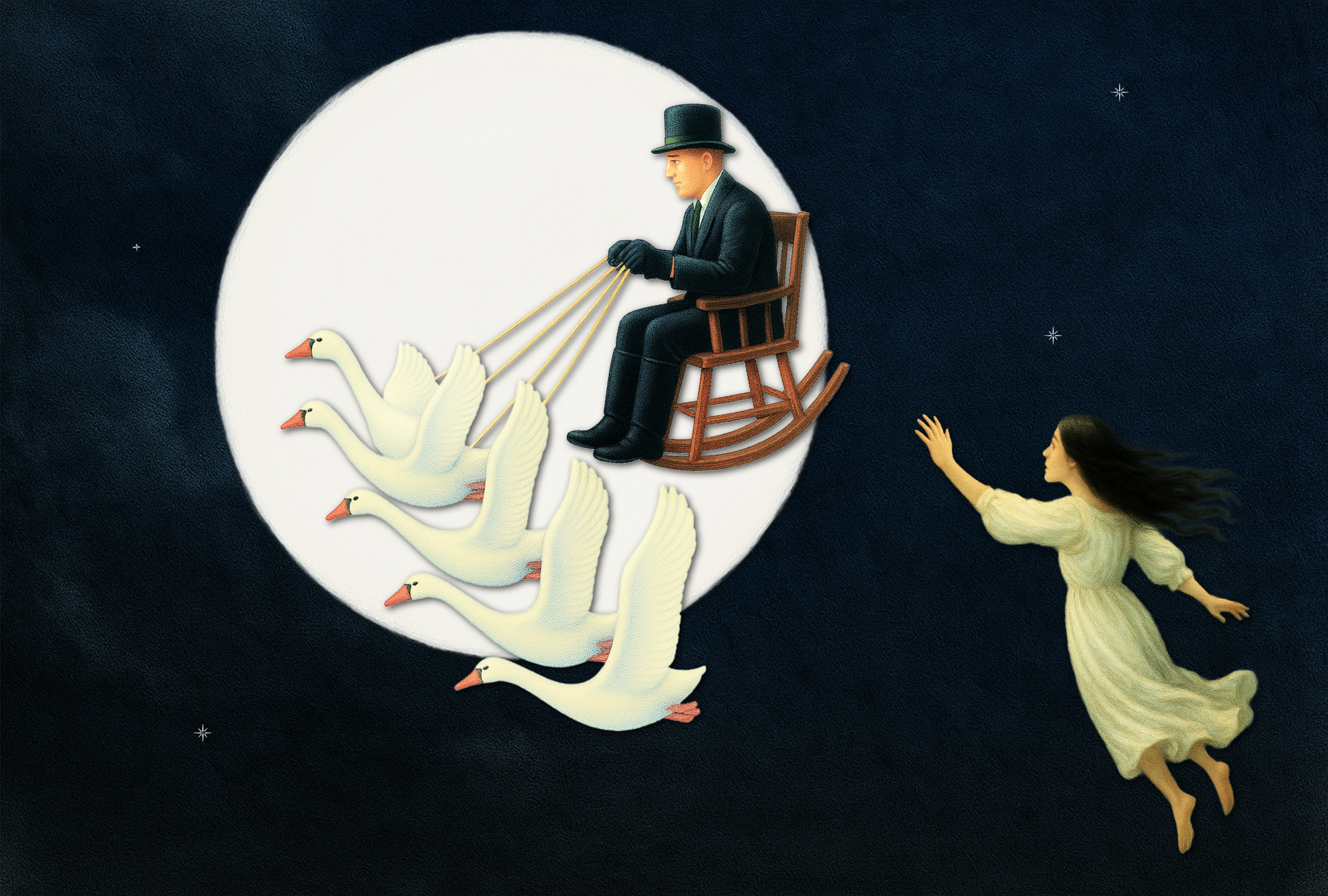 Illustration of a man in a black tailcoat sitting in a rocking chair pulled across a full moon by five white swans, with a woman floating in the night sky reaching toward him.